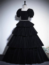Load image into Gallery viewer, Black Velvet Floor Length Prom Dress, Elegant Short Sleeve Evening Party Dress Luxury Boutique Italy
