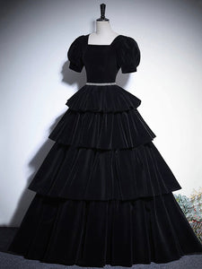 Black Velvet Floor Length Prom Dress, Elegant Short Sleeve Evening Party Dress Luxury Boutique Italy