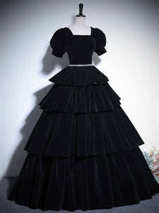 Black Velvet Floor Length Prom Dress, Elegant Short Sleeve Evening Party Dress Luxury Boutique Italy