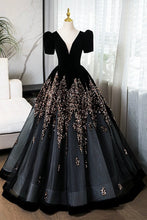 Load image into Gallery viewer, Elegant V-Neck Velvet and Sequins Floor Length Prom Dress, Black Short Sleeve Formal Dress Luxury Boutique Italy
