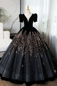 Elegant V-Neck Velvet and Sequins Floor Length Prom Dress, Black Short Sleeve Formal Dress Luxury Boutique Italy