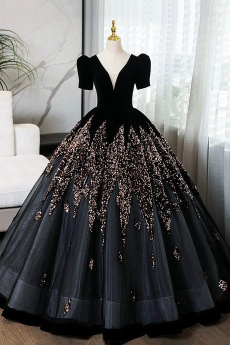 Elegant V-Neck Velvet and Sequins Floor Length Prom Dress, Black Short Sleeve Formal Dress Luxury Boutique Italy