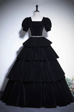 Load image into Gallery viewer, Black Velvet Floor Length Prom Dress, Elegant Short Sleeve Evening Party Dress Luxury Boutique Italy
