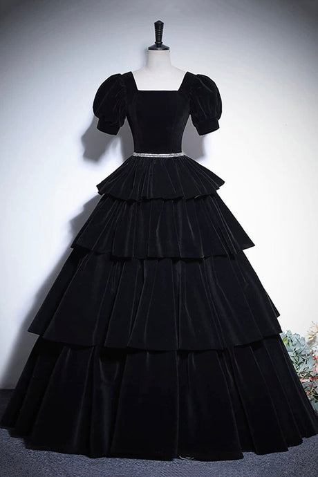 Black Velvet Floor Length Prom Dress, Elegant Short Sleeve Evening Party Dress Luxury Boutique Italy