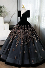 Load image into Gallery viewer, Elegant V-Neck Velvet and Sequins Floor Length Prom Dress, Black Short Sleeve Formal Dress Luxury Boutique Italy
