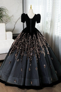 Elegant V-Neck Velvet and Sequins Floor Length Prom Dress, Black Short Sleeve Formal Dress Luxury Boutique Italy