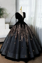 Load image into Gallery viewer, Elegant V-Neck Velvet and Sequins Floor Length Prom Dress, Black Short Sleeve Formal Dress Luxury Boutique Italy

