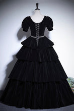 Load image into Gallery viewer, Black Velvet Floor Length Prom Dress, Elegant Short Sleeve Evening Party Dress Luxury Boutique Italy
