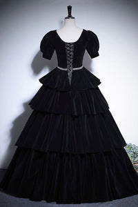 Black Velvet Floor Length Prom Dress, Elegant Short Sleeve Evening Party Dress Luxury Boutique Italy