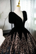 Load image into Gallery viewer, Elegant V-Neck Velvet and Sequins Floor Length Prom Dress, Black Short Sleeve Formal Dress Luxury Boutique Italy
