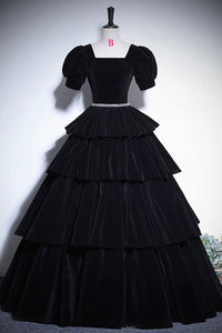 Black Velvet Floor Length Prom Dress, Elegant Short Sleeve Evening Party Dress Luxury Boutique Italy