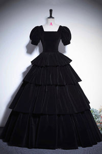 Black Velvet Floor Length Prom Dress, Elegant Short Sleeve Evening Party Dress Luxury Boutique Italy