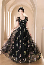 Load image into Gallery viewer, Black Tulle Lace Long Prom Dress, Black A-Line Off the Shoulder Evening Party Dress viviyshop.com
