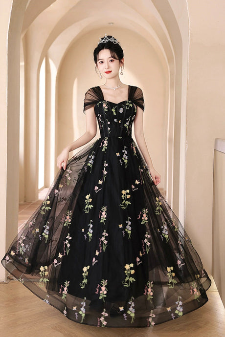 Black Tulle Lace Long Prom Dress, Black A-Line Off the Shoulder Evening Party Dress viviyshop.com