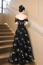 Load image into Gallery viewer, Black Tulle Lace Long Prom Dress, Black A-Line Off the Shoulder Evening Party Dress viviyshop.com

