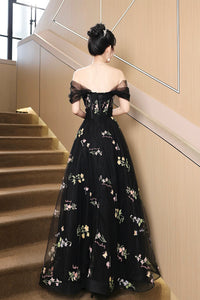 Black Tulle Lace Long Prom Dress, Black A-Line Off the Shoulder Evening Party Dress viviyshop.com