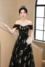 Load image into Gallery viewer, Black Tulle Lace Long Prom Dress, Black A-Line Off the Shoulder Evening Party Dress viviyshop.com
