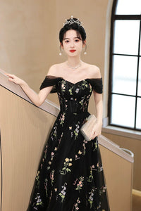 Black Tulle Lace Long Prom Dress, Black A-Line Off the Shoulder Evening Party Dress viviyshop.com