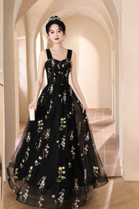Black Tulle Lace Long Prom Dress, Black A-Line Off the Shoulder Evening Party Dress viviyshop.com