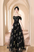 Load image into Gallery viewer, Black Tulle Lace Long Prom Dress, Black A-Line Off the Shoulder Evening Party Dress viviyshop.com
