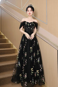 Black Tulle Lace Long Prom Dress, Black A-Line Off the Shoulder Evening Party Dress viviyshop.com