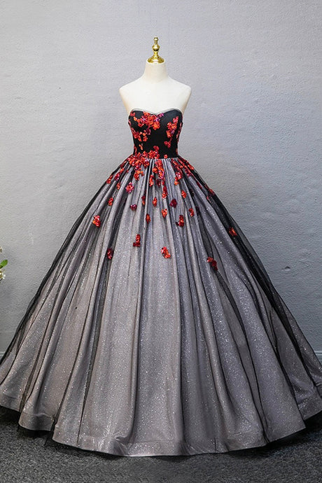 Black Tulle Sequins Long Prom Dress, Black A-Line Strapless Evening Party Dress viviyshop.com