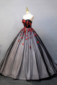 Black Tulle Sequins Long Prom Dress, Black A-Line Strapless Evening Party Dress viviyshop.com