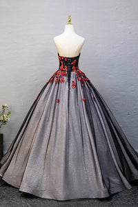 Black Tulle Sequins Long Prom Dress, Black A-Line Strapless Evening Party Dress viviyshop.com