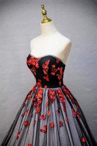 Black Tulle Sequins Long Prom Dress, Black A-Line Strapless Evening Party Dress viviyshop.com