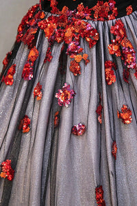 Black Tulle Sequins Long Prom Dress, Black A-Line Strapless Evening Party Dress viviyshop.com