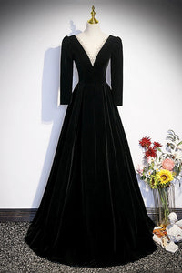 Black Velvet Long Sleeve Evening Dress, A-Line Floor Length Prom Party Dress Luxury Boutique Italy