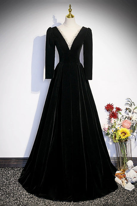 Black Velvet Long Sleeve Evening Dress, A-Line Floor Length Prom Party Dress Luxury Boutique Italy