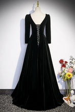 Load image into Gallery viewer, Black Velvet Long Sleeve Evening Dress, A-Line Floor Length Prom Party Dress Luxury Boutique Italy
