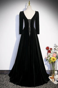 Black Velvet Long Sleeve Evening Dress, A-Line Floor Length Prom Party Dress Luxury Boutique Italy