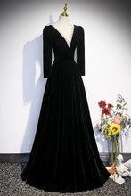 Load image into Gallery viewer, Black Velvet Long Sleeve Evening Dress, A-Line Floor Length Prom Party Dress Luxury Boutique Italy
