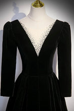 Load image into Gallery viewer, Black Velvet Long Sleeve Evening Dress, A-Line Floor Length Prom Party Dress Luxury Boutique Italy
