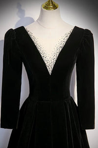 Black Velvet Long Sleeve Evening Dress, A-Line Floor Length Prom Party Dress Luxury Boutique Italy